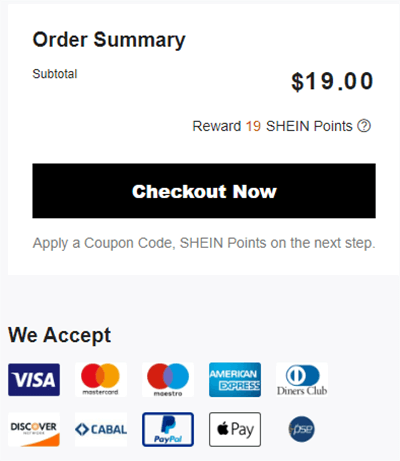 Shein's payment options