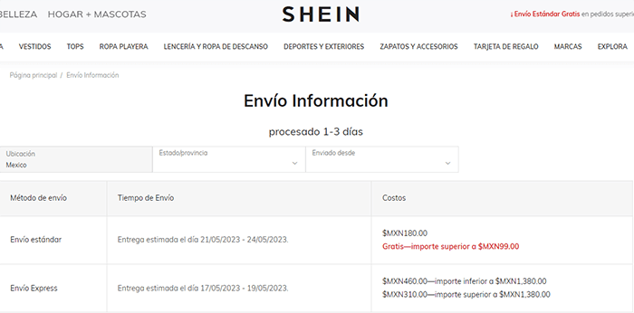 Shein's shipping policy to Mexico