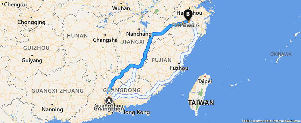 guangzhou to yiwu on map